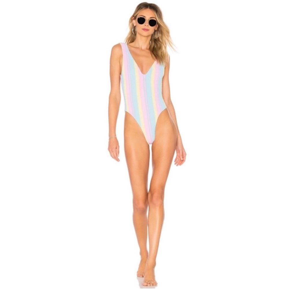 Tularosa Britt Smocked Swimsuit/Bodysuit Size Small in Rainbow Pastel